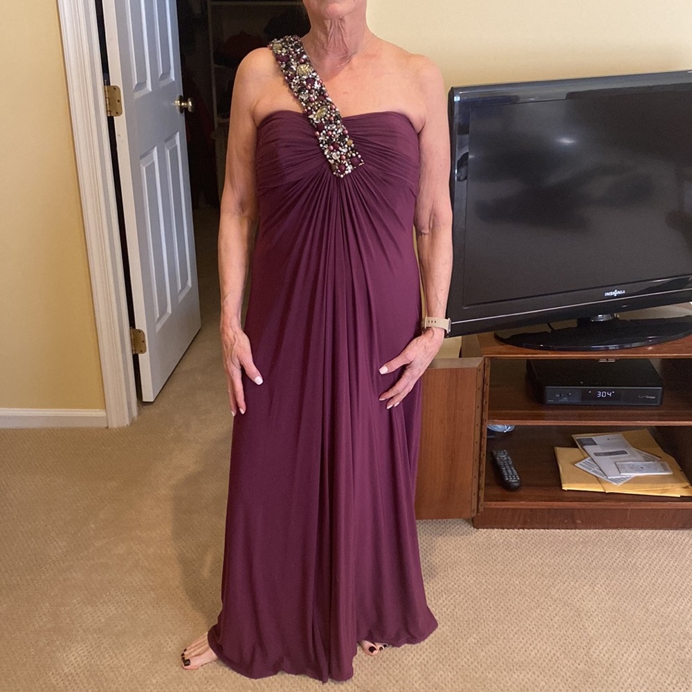 One shoulder plum evening gown with beaded strap